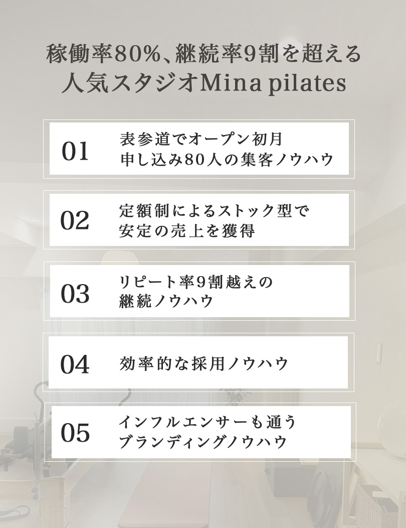 稼働率80%、継続率9割を超える人気スタジオMinapilates 01:表参道でオープン初月申し込み80人の集客ノウハウ 02:定額制によるストック型で安定の売上を獲得 03:リピート率9割越えの継続ノウハウ 04:効率的な採用ノウハウ 05:インフルエンサーも通うブランディングノウハウ